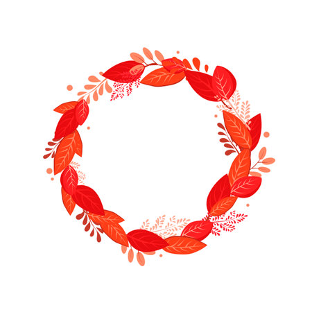Vector isolated round frame of red dry autumn leaves. Border for text. Flat clipart for designのイラスト素材