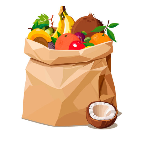 Paper bag full of fruits . Vector fruit illustration in flat style. Summer clipart for diet designのイラスト素材