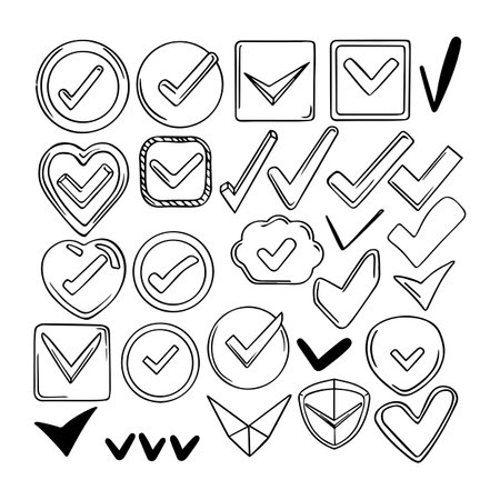 Vector set icons of abstract check mark. Hand drawn grunge pointer. Isolated line for design.のイラスト素材