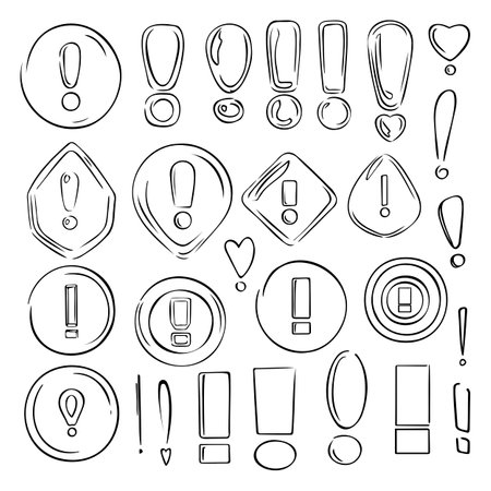 Vector set icons of abstract exclamation mark. Hand drawn grunge pointer. Isolated line for design.のイラスト素材