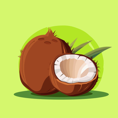 Tropical brown coconut. Vector fruit illustration in flat style. Summer clipart for diet designのイラスト素材