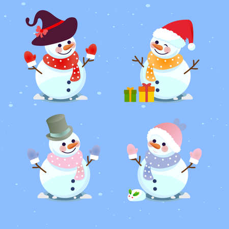 Four snowmen on blue backgroundのイラスト素材