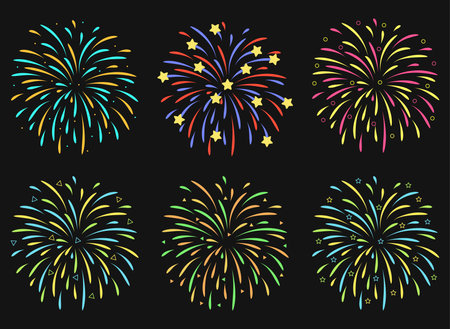 Fireworks set. Fireworks collection. Vector illustration isolated on black background.のイラスト素材