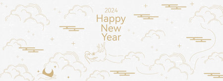 Happy Chinese New Year 2024. Greeting card with clouds, moon and dragon.のイラスト素材