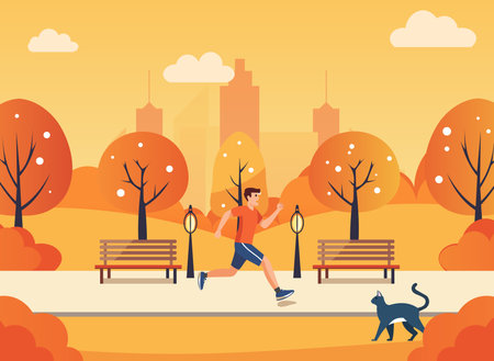 Man jogging in the park. Vector illustration in flat style.のイラスト素材