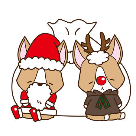It is an illustration of Corgi Santa Claus and reindeer sleeping in front of a bag with presents that can be used for Christmas.の写真素材