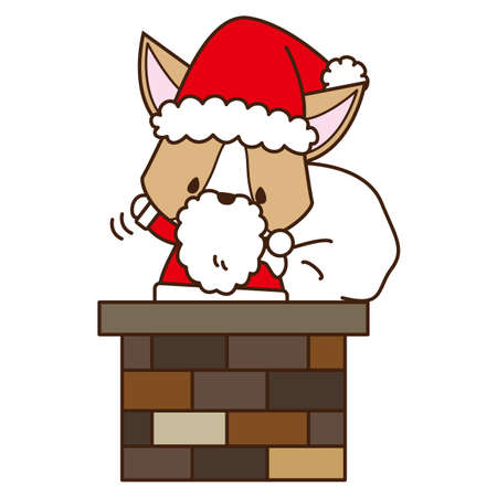 It is an illustration that Corgi Santa Claus which can be used for Christmas comes out of the chimney and waves.の写真素材