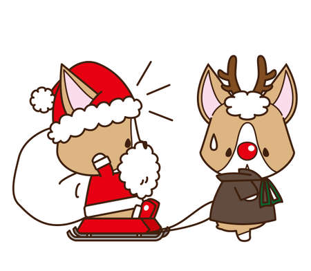 It is an illustration that Corgi Santa Claus which can be used for Christmas is going to have reindeer pull it with a sled.の写真素材