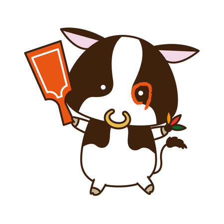 Illustration of a cow with a red circle playing with a hakoitaの写真素材
