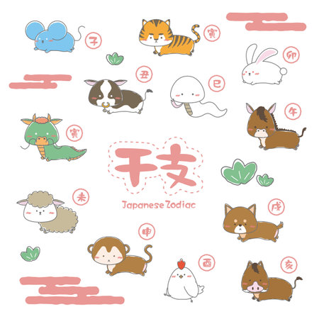 It is an illustration that everyone gathers looking at the cute Chinese zodiac sign here.の写真素材