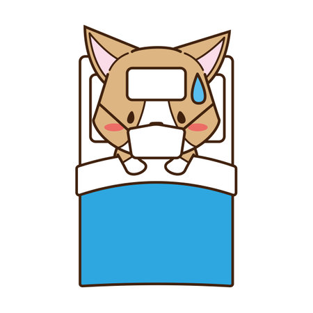 a corgi that rests slowly on a futon with a mask and a cold one on its headの写真素材