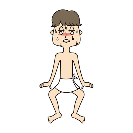 Young man putting up with hot water enjoying hot spring saunaの写真素材