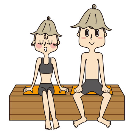Illustration of a man and woman wearing hats enjoying a sauna in a hot springの写真素材