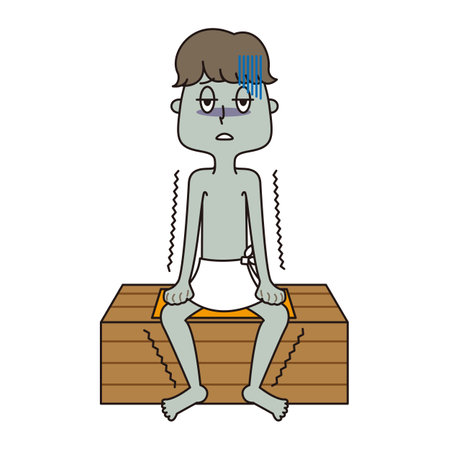 Young man unwell in hot spring saunaの写真素材
