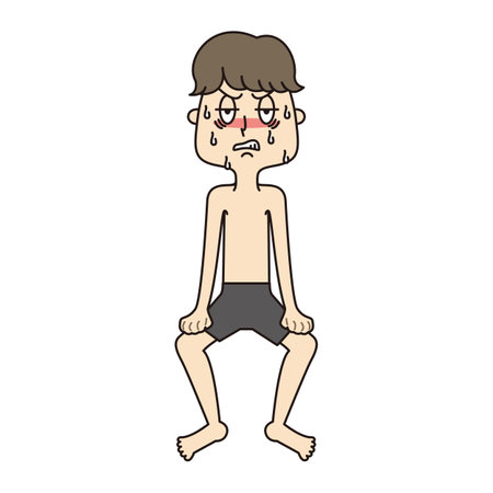 Young man enjoying hot spring sauna while putting up with itの写真素材