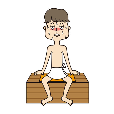 Young man enjoying hot spring sauna while putting up with itの写真素材