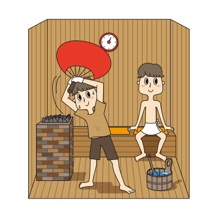 A young man and a young guest man raise the room temperature by fanning a large fan in a sauna in a hot spring.の写真素材