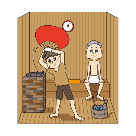 Young man and customer's old man fanning a large fan in a sauna in a hot spring and giving room temperatureの写真素材