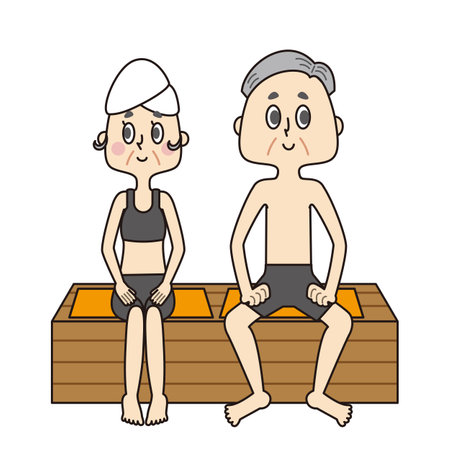 A grandmother and an old father enjoying a sauna in a hot springの写真素材