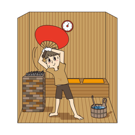 A young man raises the room temperature by fanning a large fan in a sauna in a hot spring.の写真素材