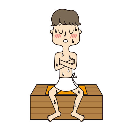 Young man enjoying hot spring saunaの写真素材