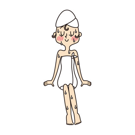 Young woman wearing bath towel and sweating moistlyの写真素材
