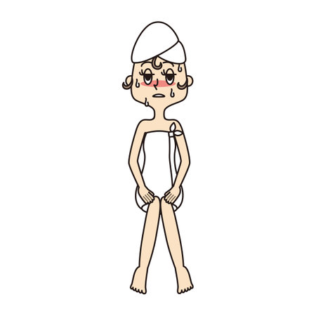 Young woman sweating still in bath towelの写真素材