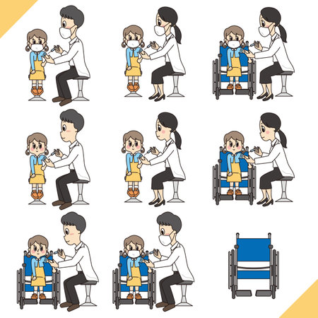 Illustration set of little girl getting vaccine (vaccination) in hospitalの写真素材
