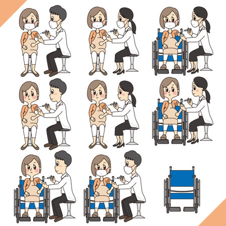 Illustration set of pregnant woman getting vaccine (vaccination) in hospitalの写真素材