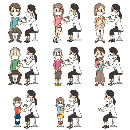 Illustration set of masked person receiving vaccine (vaccination) of female teacher in hospitalの写真素材
