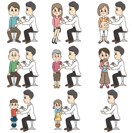 Illustration set of the person who receives the vaccine (vaccination) of the male teacher in the hospitalの写真素材