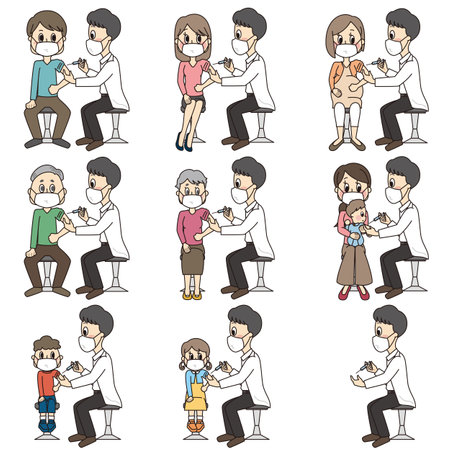 Illustration set of masked person receiving vaccine (vaccination) of male teacher in hospitalの写真素材