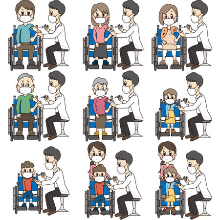 Illustration set of masked person in wheelchair receiving vaccine (vaccination) of male teacher in hospitalの写真素材