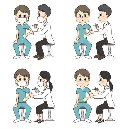 Set of doctors hitting vaccines on men in healthcare workersの写真素材