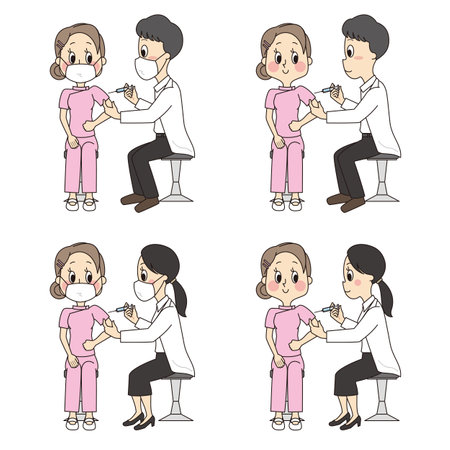Set of doctors hitting vaccines on women in healthcare workersの写真素材
