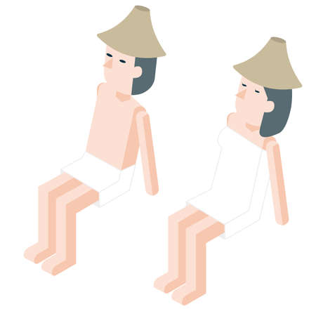 Sauna of a man and woman wearing a sauna hat sitting on a chair after saunaの写真素材