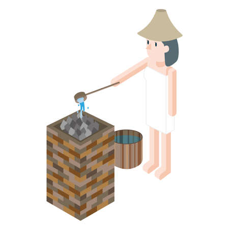 Female sauna wearing sauna hat with aroma water on sauna stoneの写真素材