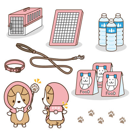 Good dog corgi with emergency bag wearing a disaster prevention hood and goods you want to prepare at the time of evacuationのイラスト素材