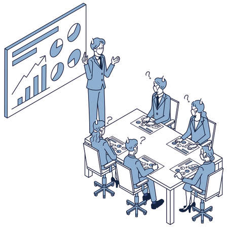 an office worker who wears a mask and has a meeting that is difficult to hearのイラスト素材