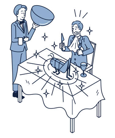 This is an isometric illustration of a man who looks happy because his favorite insect-eating cricket came out at the restaurant and a man who is a restaurant staff member.のイラスト素材