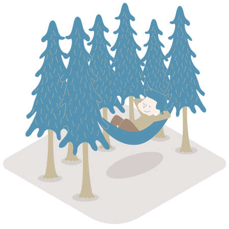 It is an isome illustration of a man lying in a hammock in nature surrounded by trees.のイラスト素材