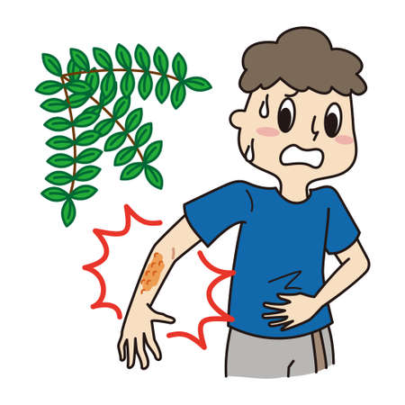 It is an illustration of a boy who accidentally touched a plant and his arm got a rash.のイラスト素材