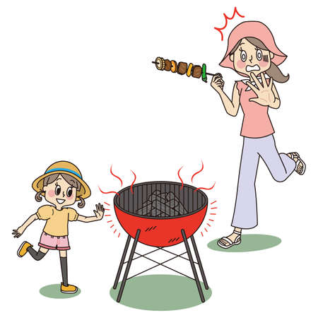 It is an illustration of a little girl trying to touch a hot grill that caught her mother's eyes during a barbecue.のイラスト素材