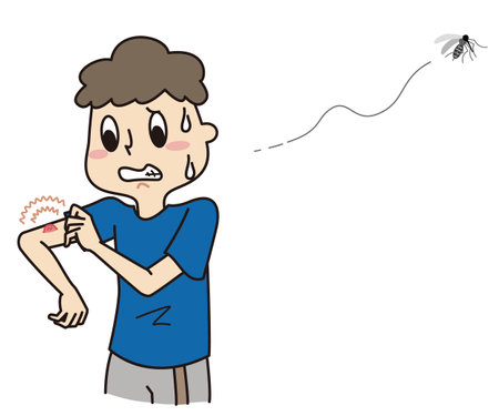 It is an illustration of a boy who is inflamed by mosquito bites in his arm outdoors.のイラスト素材