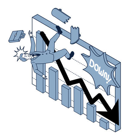 It is an isometric illustration of a businessman who expresses with skillful skateboarding technique in front of the graph where sales are rising.のイラスト素材