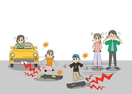 Illustrations of men and women who are annoying and annoying because they are skateboarding on the road, which interferes with car traffic.のイラスト素材