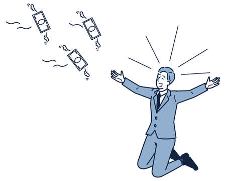 It is an isometric illustration of a man in a suit who is happy to have more money.のイラスト素材