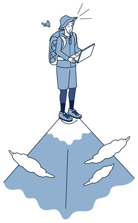 This is an isometric illustration of a man working on a computer at the top of a mountain.のイラスト素材