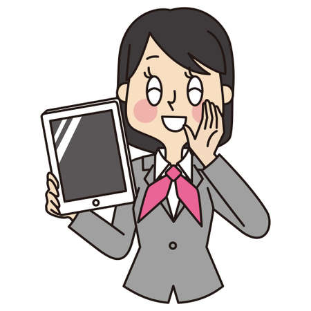 It is an illustration of a woman in uniform holding a tablet and explaining with a smile.のイラスト素材
