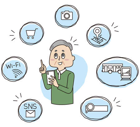 It is an illustration of a senior man who operates a smartphone and a simple icon of the application.のイラスト素材